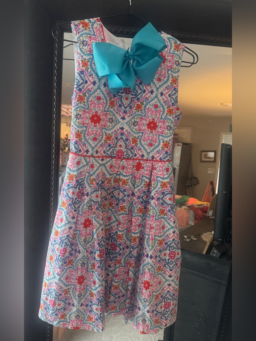 Bonnie Jean Multicolor Floral Tile Sundress with Turquoise Bow